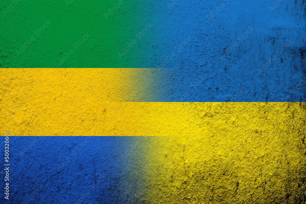National flag of Gabon with National flag of Ukraine. Grunge background National flag of Gabon with National flag of Ukraine. Grunge background