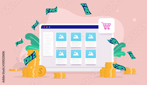 E-commerce income - Computer screen with web shop on screen and money all around. Vector illustration