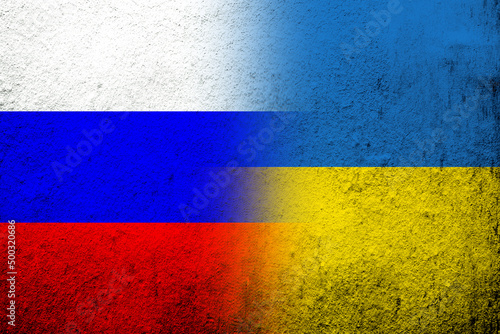 National flag of Russian Federation with National flag of Ukraine. Grunge background