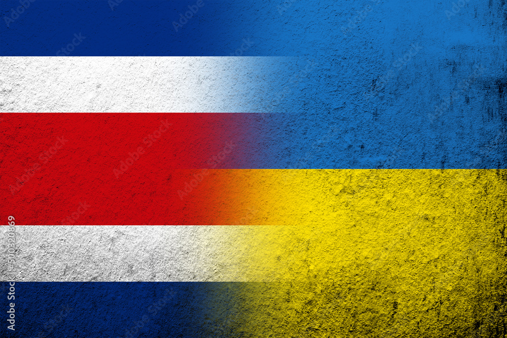 Republic of Costa Rica National flag with National flag of Ukraine. Grunge background