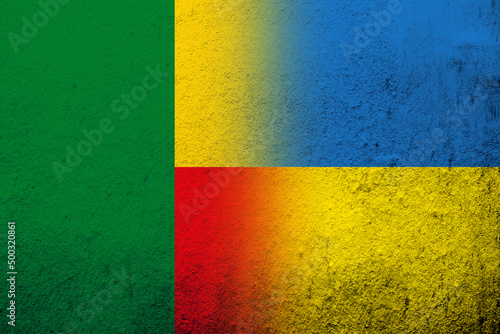 Republic of Benin National flag with National flag of Ukraine. Grunge background