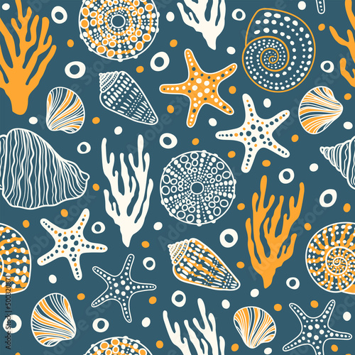 Sea bottom seamless pattern.Summer beach hand-drawn seaside vector print.Undersea world cartoon background with sea urchin, starfish, shell, coral. Seashore elements design for fabrics, wallpaper