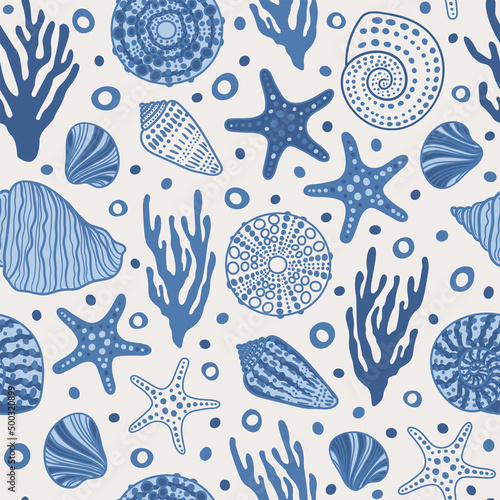 Sea bottom seamless pattern.Summer beach hand-drawn seaside vector print.Undersea world cartoon background with sea urchin, starfish, shell, coral. Seashore elements design for fabrics, wallpaper