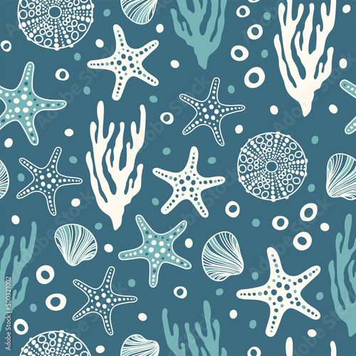 Sea bottom seamless pattern.Summer beach hand-drawn seaside vector print.Undersea world cartoon background with sea urchin, starfish, shell, coral. Seashore elements design for fabrics, wallpaper