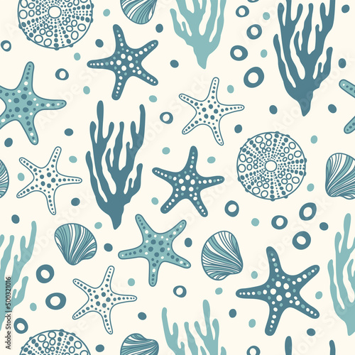 Sea bottom seamless pattern.Summer beach hand-drawn seaside vector print.Undersea world cartoon background with sea urchin, starfish, shell, coral. Seashore elements design for fabrics, wallpaper
