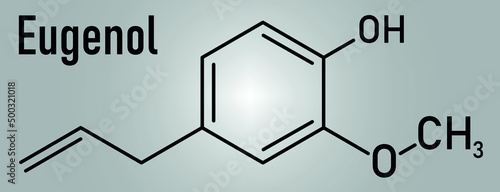 Eugenol herbal essential oil molecule. Present in cloves, nutmeg, etc. Skeletal chemical formula. photo