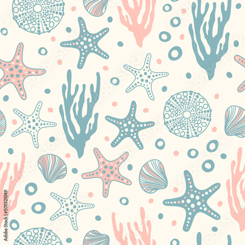 Sea bottom seamless pattern.Summer beach hand-drawn seaside vector print.Undersea world cartoon background with sea urchin, starfish, shell, coral. Seashore elements design for fabrics, wallpaper