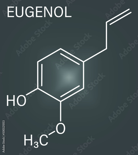 Eugenol herbal essential oil molecule. Present in cloves, nutmeg, etc. Skeletal chemical formula. photo
