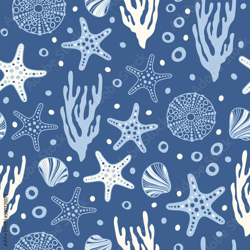 Sea bottom seamless pattern.Summer beach hand-drawn seaside vector print.Undersea world cartoon background with sea urchin, starfish, shell, coral. Seashore elements design for fabrics, wallpaper