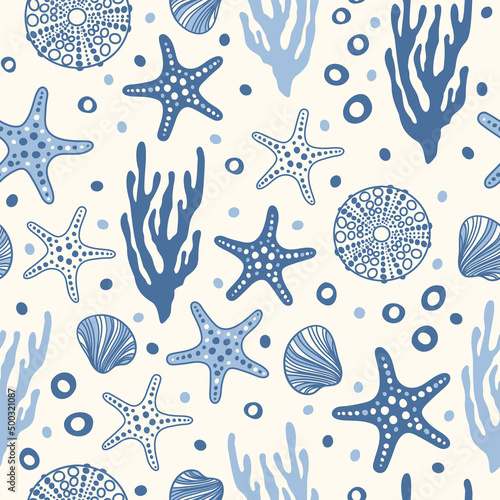 Sea bottom seamless pattern.Summer beach hand-drawn seaside vector print.Undersea world cartoon background with sea urchin, starfish, shell, coral. Seashore elements design for fabrics, wallpaper