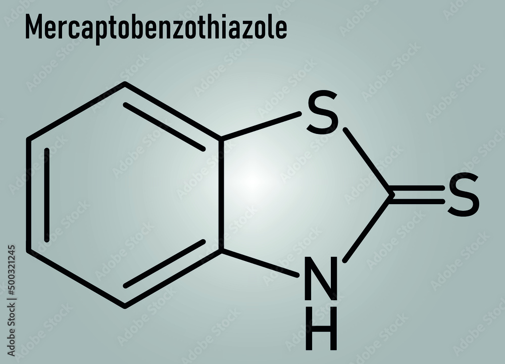 Mercaptobenzothiazole or MBT skin sensitizer molecule skeletal chemical formula. Used as rubber vulcanising agent. Mercaptobenzothiazole or MBT skin sensitizer molecule skeletal chemical formula. Used as rubber vulcanising agent.