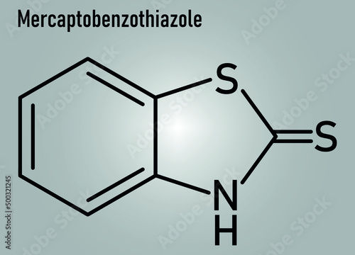 Mercaptobenzothiazole or MBT skin sensitizer molecule skeletal chemical formula. Used as rubber vulcanising agent. photo