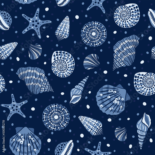 Sea bottom seamless pattern.Summer beach hand-drawn seaside vector print.Undersea world cartoon background with sea urchin, starfish, shell, coral. Seashore elements design for fabrics, wallpaper