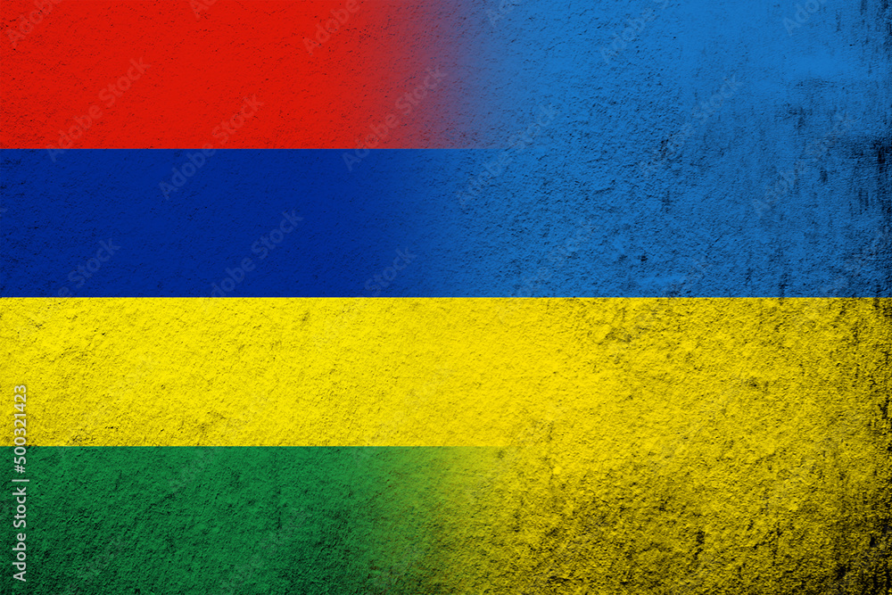 The Republic of Mauritius National flag with National flag of Ukraine. Grunge background The Republic of Mauritius National flag with National flag of Ukraine. Grunge background
