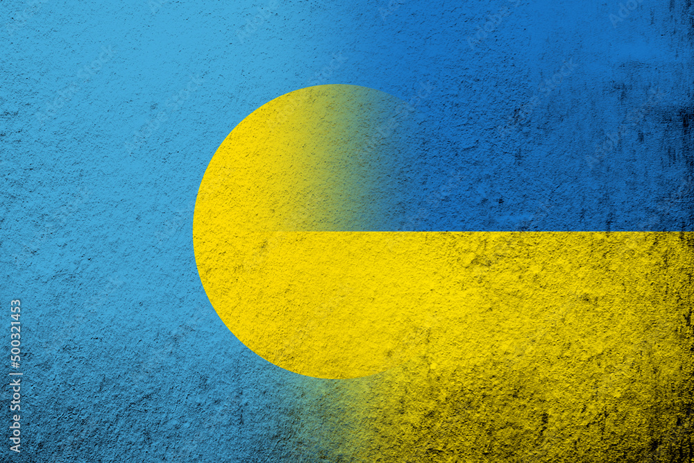 The Republic of Palau National flag with National flag of Ukraine. Grunge background The Republic of Palau National flag with National flag of Ukraine. Grunge background