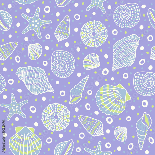 Sea bottom seamless pattern.Summer beach hand-drawn seaside vector print.Undersea world cartoon background with sea urchin, starfish, shell, coral. Seashore elements design for fabrics, wallpaper