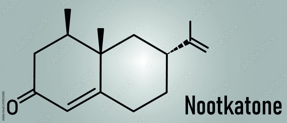 Nootkatone natural insect repellent molecule, skeletal chemical formula. Present in grapefruit. Nootkatone natural insect repellent molecule, skeletal chemical formula. Present in grapefruit.