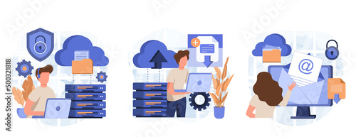 Cloud computing isolated set. Secure connection, storage and cloud technology. People collection of scenes in flat design. Vector illustration for blogging, website, mobile app, promotional materials.