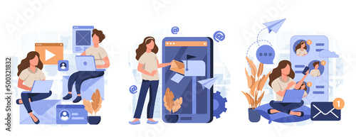 Email service isolated set. Advertising or newsletter, personal correspondence. People collection of scenes in flat design. Vector illustration for blogging, website, mobile app, promotional materials