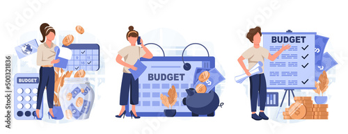 Planning financial budget isolated set. Accounting analysis and savings. People collection of scenes in flat design. Vector illustration for blogging, website, mobile app, promotional materials.
