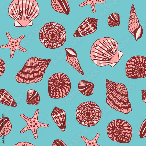 Sea shells, fossils and mollusks seamless pattern. Summer beach hand-drawn seaside vector print. Fashion textile bright multicolored illustration. Seashore elements design for fabrics, wallpaper