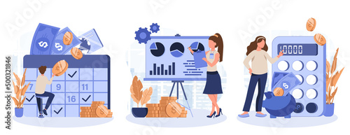 Planning financial budget isolated set. Accounting analysis and savings. People collection of scenes in flat design. Vector illustration for blogging, website, mobile app, promotional materials.