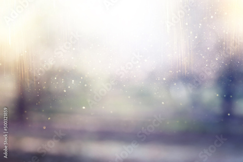 blurred abstract photo of light burst among trees and glitter bokeh lights