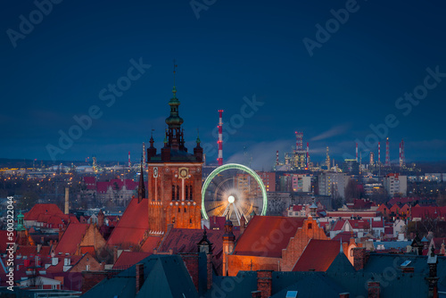 Cityscape of Gdansk with historic architecture at dusk, Poland.