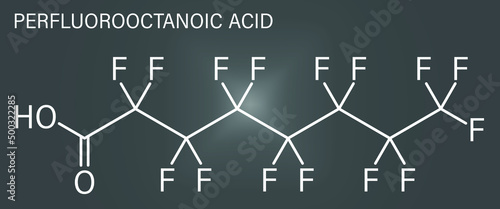 Perfluorooctanoic acid or PFOA, perfluorooctanoate, carcinogenic pollutant molecule, skeletal chemical formula.
