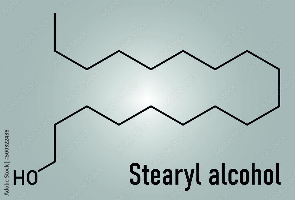 Stearyl alcohol molecule, skeletal chemical formula. Constituent of cetostearyl alcohol or cetearyl alcohol, cetylstearyl alcohol. Stearyl alcohol molecule, skeletal chemical formula. Constituent of cetostearyl alcohol or cetearyl alcohol, cetylstearyl alcohol.