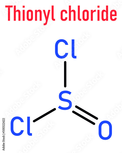 Thionyl chloride or SOCl2 chemical reagent molecule. Skeletal chemical formula.
