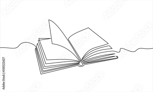 Continuous one line drawing of an open book with flying pages. Vector illustration of back to school, educational supplies.