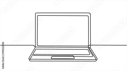 Laptop Computer Hand Drawn Continuous Line Art Vector Illustration. Isolated on White Background.