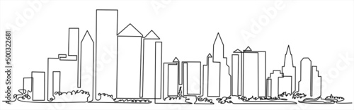 Modern cityscape continuous one line vector drawing. Panoramic landscape of metropolis architecture. Skyscrapers, hand drawn silhouette.