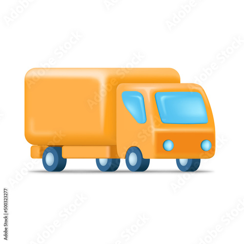 Toy 3D cartoon style delivery service truck. Shipping and transportation service truck, isolated illustration on white background. Vector render, 3d graphics