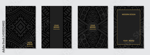 Cover design set, vertical templates. Collection of embossed black art deco backgrounds with space for text and advertising. Geometric ethnic 3d pattern of East, Asia, India, Mexico, Aztecs, Peru.