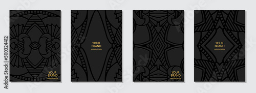 Cover design set, vertical templates. Collection of embossed black backgrounds with space for text and advertising. Geometric ethnic elegant 3d pattern of East, Asia, India, Mexico, Aztecs, Peru.