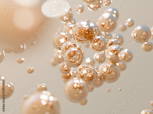 3d render of golden collagen drops, serum or vitamins for skin care and treatment. Abstract chemical background 
