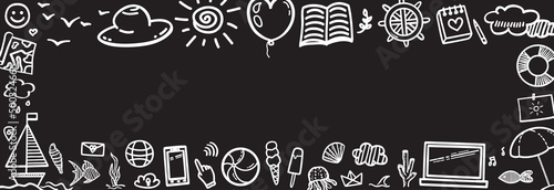 Summer web banner. Hand drawn holiday elements. Summer holidays. Freehand signs and symbols. Black and white illustration