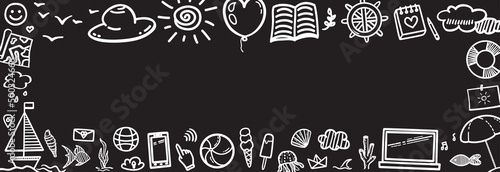 Summer web banner. Hand drawn holiday elements. Summer holidays. Freehand signs and symbols. Black and white illustration
