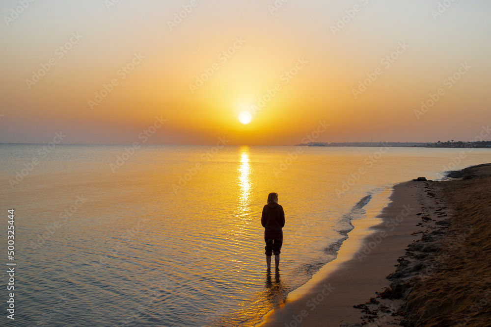 Naklejka premium Silhouette of woman looking at a landscape of sunrise, sun, sky and beach on the shores of the Red Sea in Hurgada, Egypt