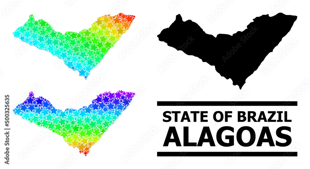 Spectral gradiented star mosaic map of Alagoas State. Vector colored map of Alagoas State with spectrum gradients.