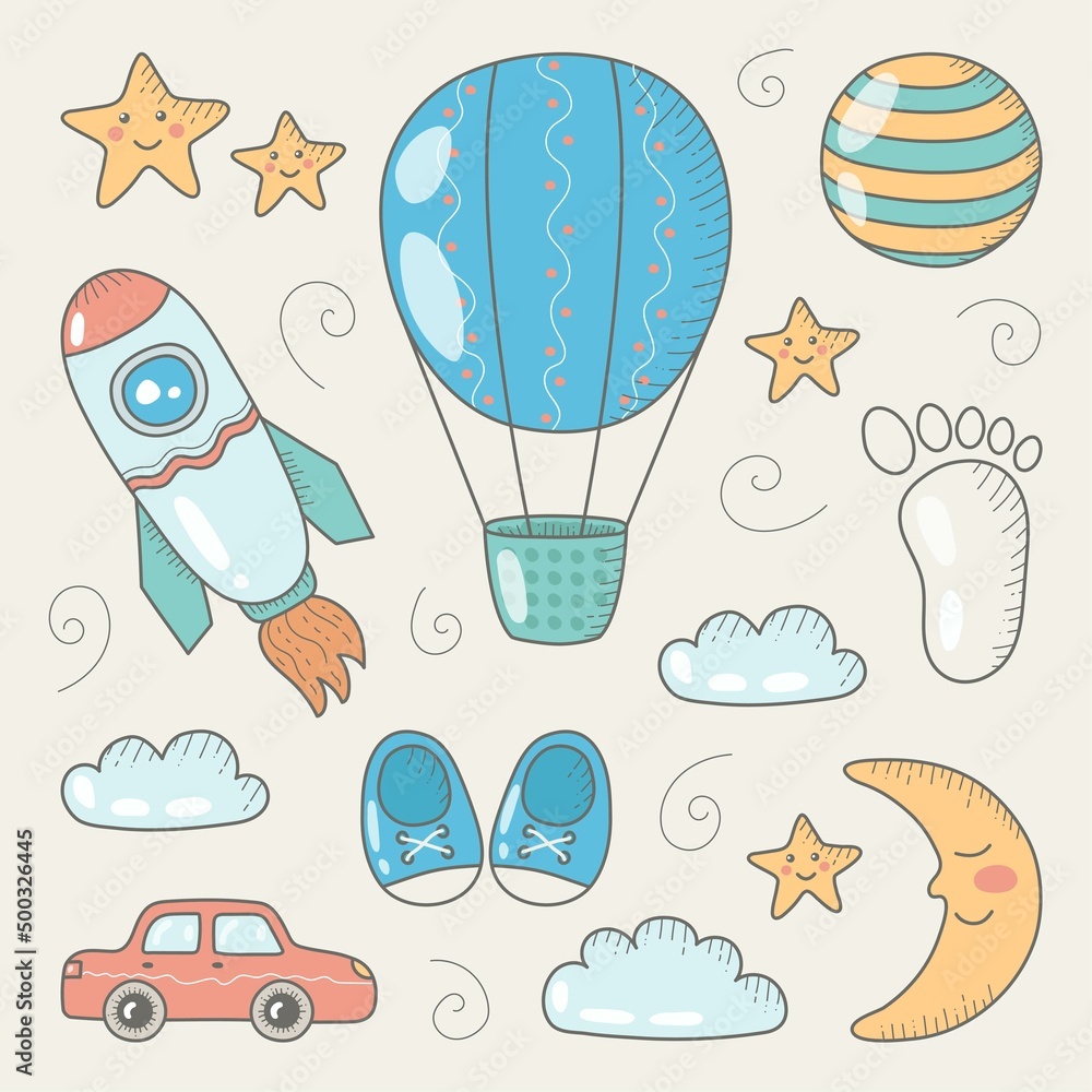 Baby shower icons set for boy. Flat style. Simple colorful design