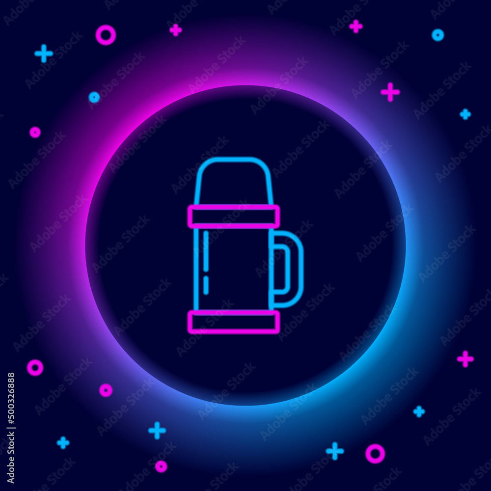 Glowing neon line Thermos container icon isolated on black background. Thermo flask icon. Camping and hiking equipment. Colorful outline concept. Vector Glowing neon line Thermos container icon isolated on black background. Thermo flask icon. Camping and hiking equipment. Colorful outline concept. Vector