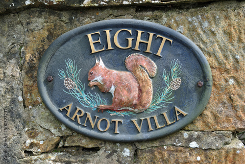 Oval Cast Metal Name Plate 'Arnot Villa-Eight' with Squirrel Motif and Number  photo