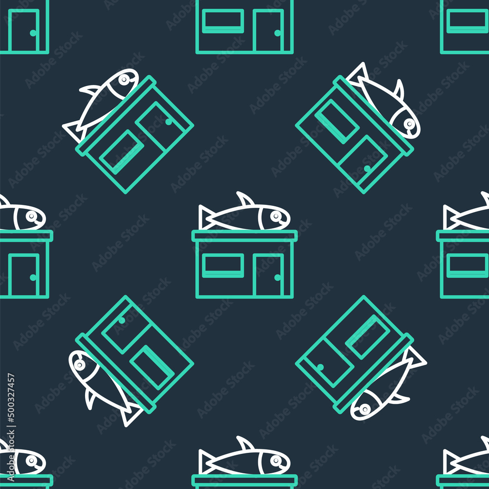 Line Seafood store icon isolated seamless pattern on black background. Facade of seafood market. Vector Line Seafood store icon isolated seamless pattern on black background. Facade of seafood market. Vector