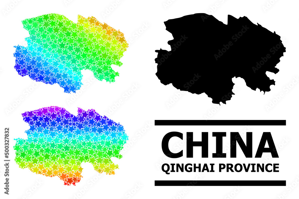 Rainbow gradiented star collage map of Qinghai Province. Vector colorful map of Qinghai Province with spectral gradients.