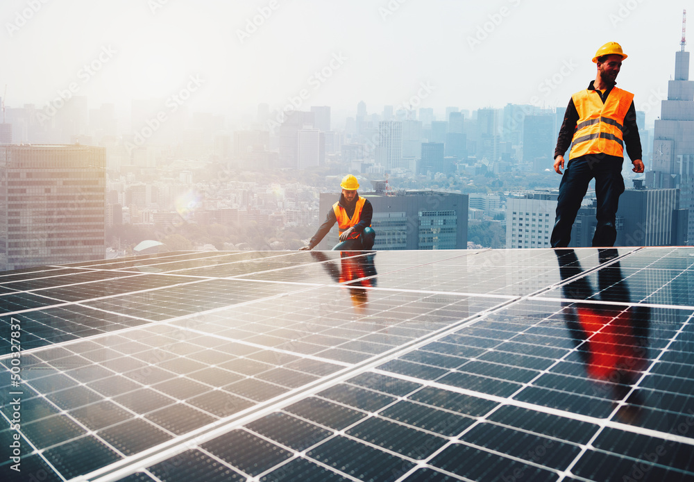 custom made wallpaper toronto digitalWorkers assemble energy system with solar panel for electricity