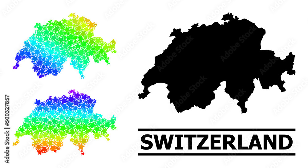 Rainbow gradiented starred collage map of Switzerland. Vector colored map of Switzerland with rainbow gradients. Mosaic map of Switzerland collage is composed with randomized color star elements.