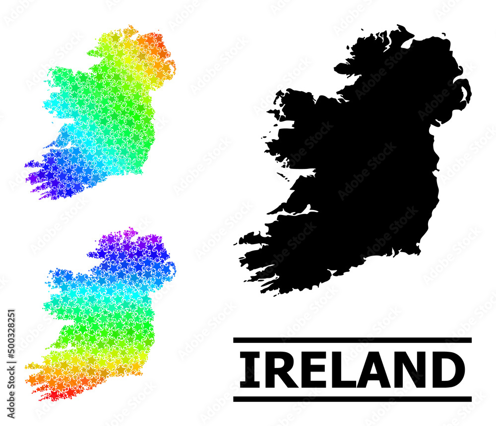 Obraz premium Rainbow gradient star collage map of Ireland Island. Vector vibrant map of Ireland Island with rainbow gradients. Mosaic map of Ireland Island collage is formed from random colored star parts.